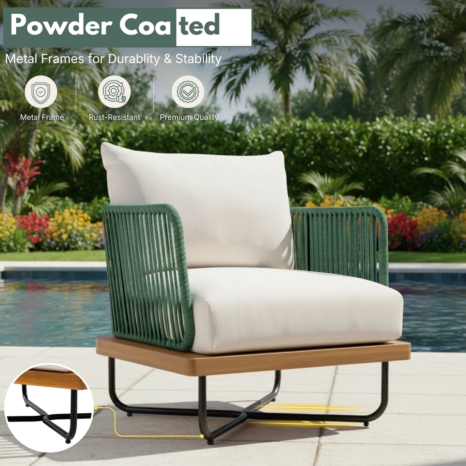 Premium All-Weather Outdoor Rope Sofa Chairs Set (Green & Off-White) - Image 6