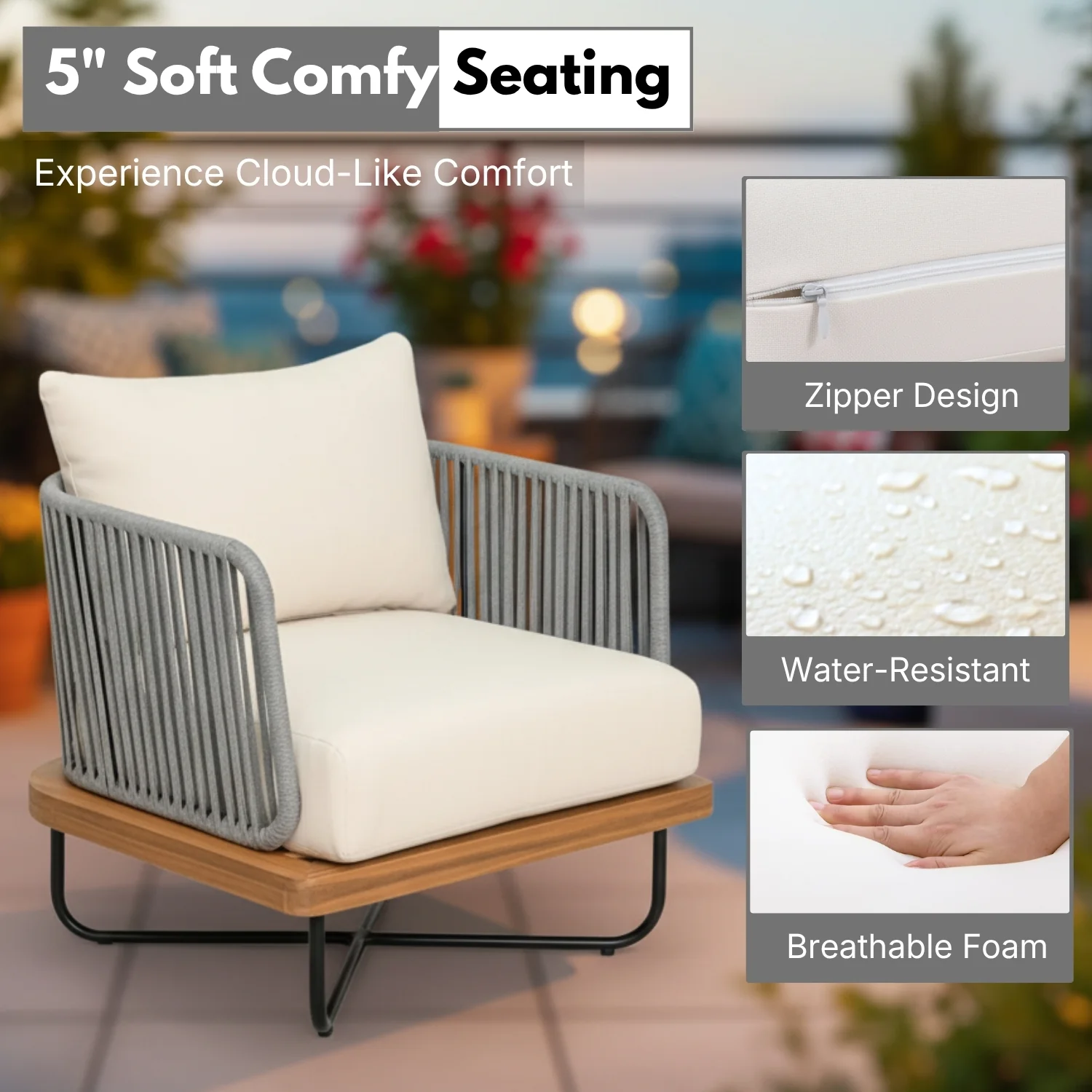 Premium All-Weather Outdoor Rope Sofa Chairs Set (Grey & Cream) - Image 4