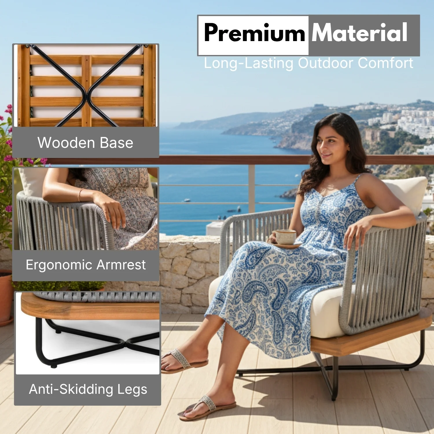 Premium All-Weather Outdoor Rope Sofa Chairs Set (Grey & Cream) - Image 5