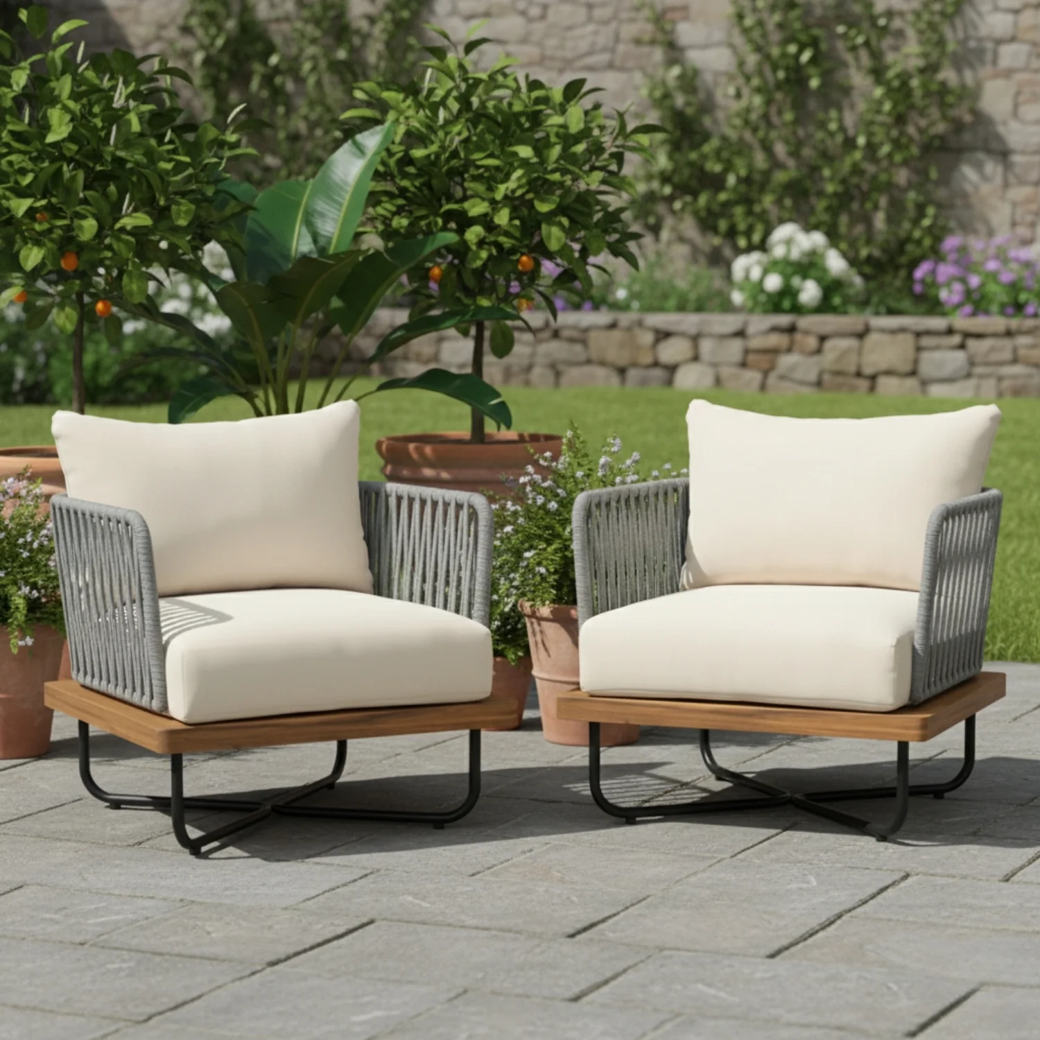 Premium All-Weather Outdoor Rope Sofa Chairs Set (Grey & Cream) - Image 8