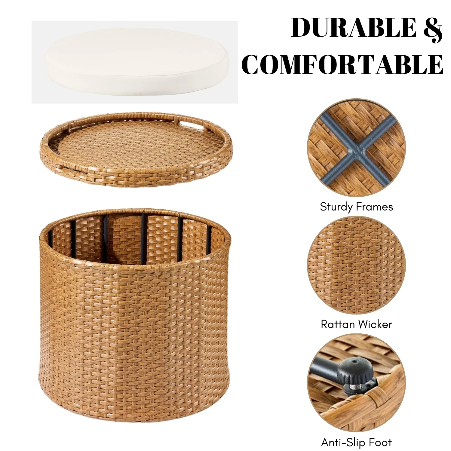 Round Wicker Ottoman for Patio & Backyard - Image 3