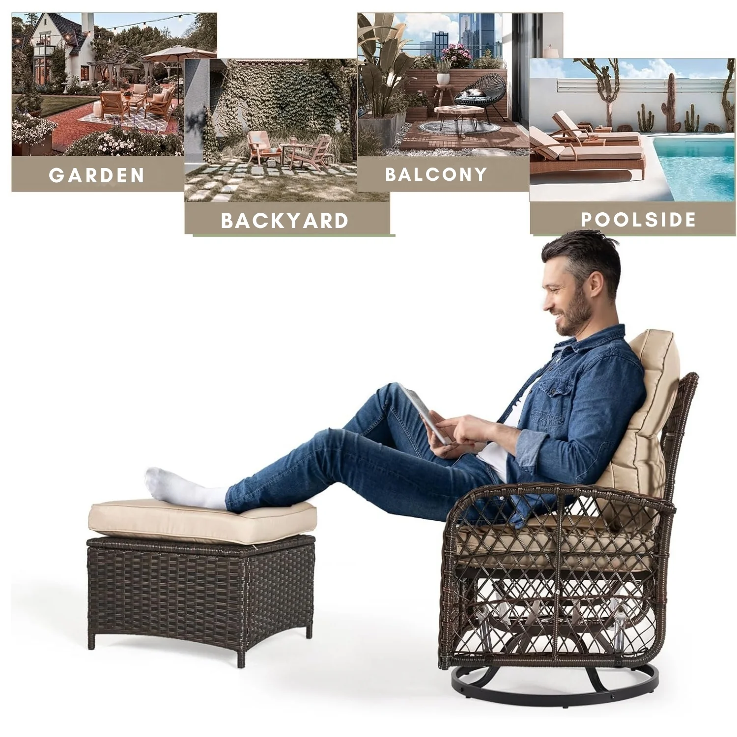 Set of 2 Outdoor Rattan Wicker Ottomans - Image 9
