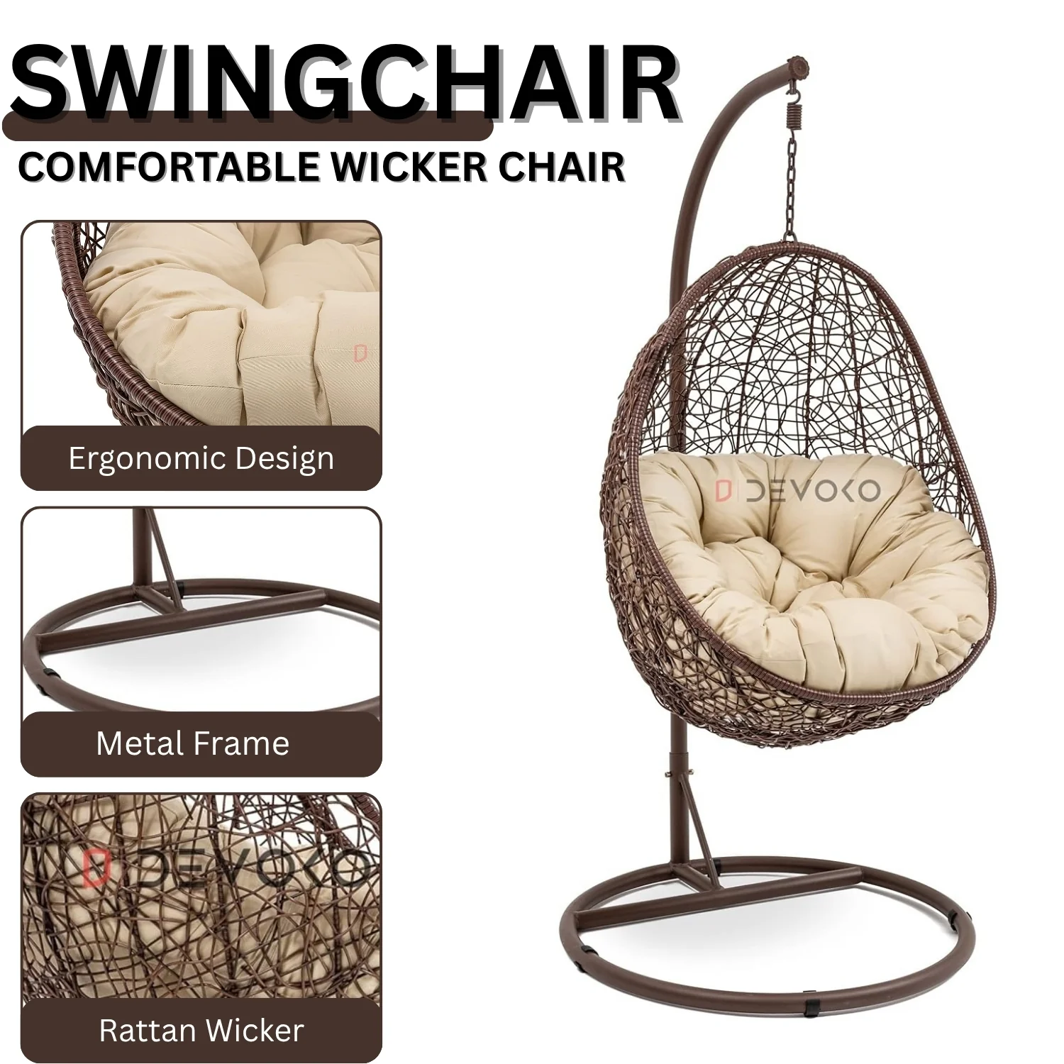 Single Seater Rattan & Wicker Swing (Brown & Cream) - Image 4