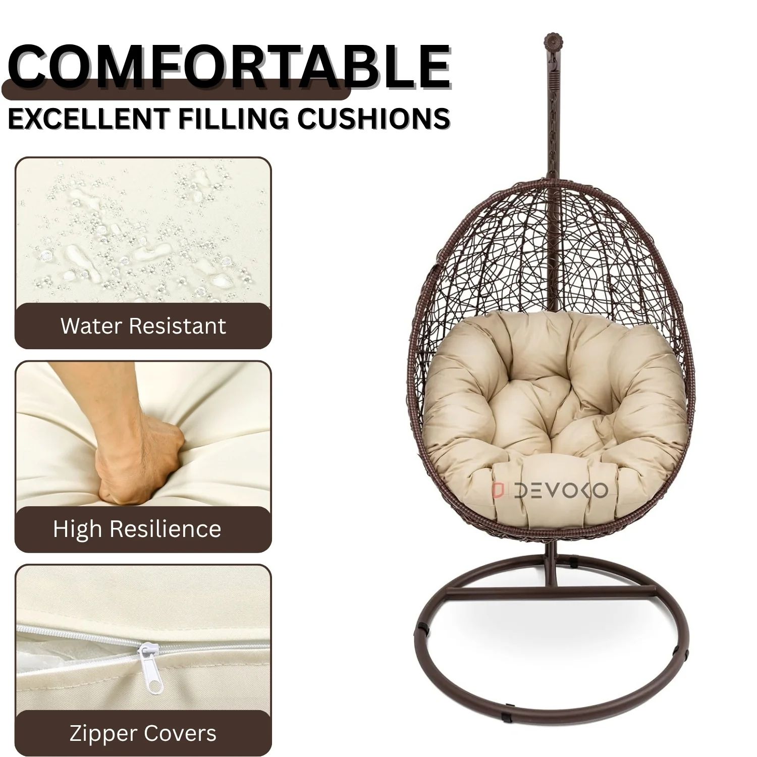 Single Seater Rattan & Wicker Swing (Brown & Cream) - Image 5