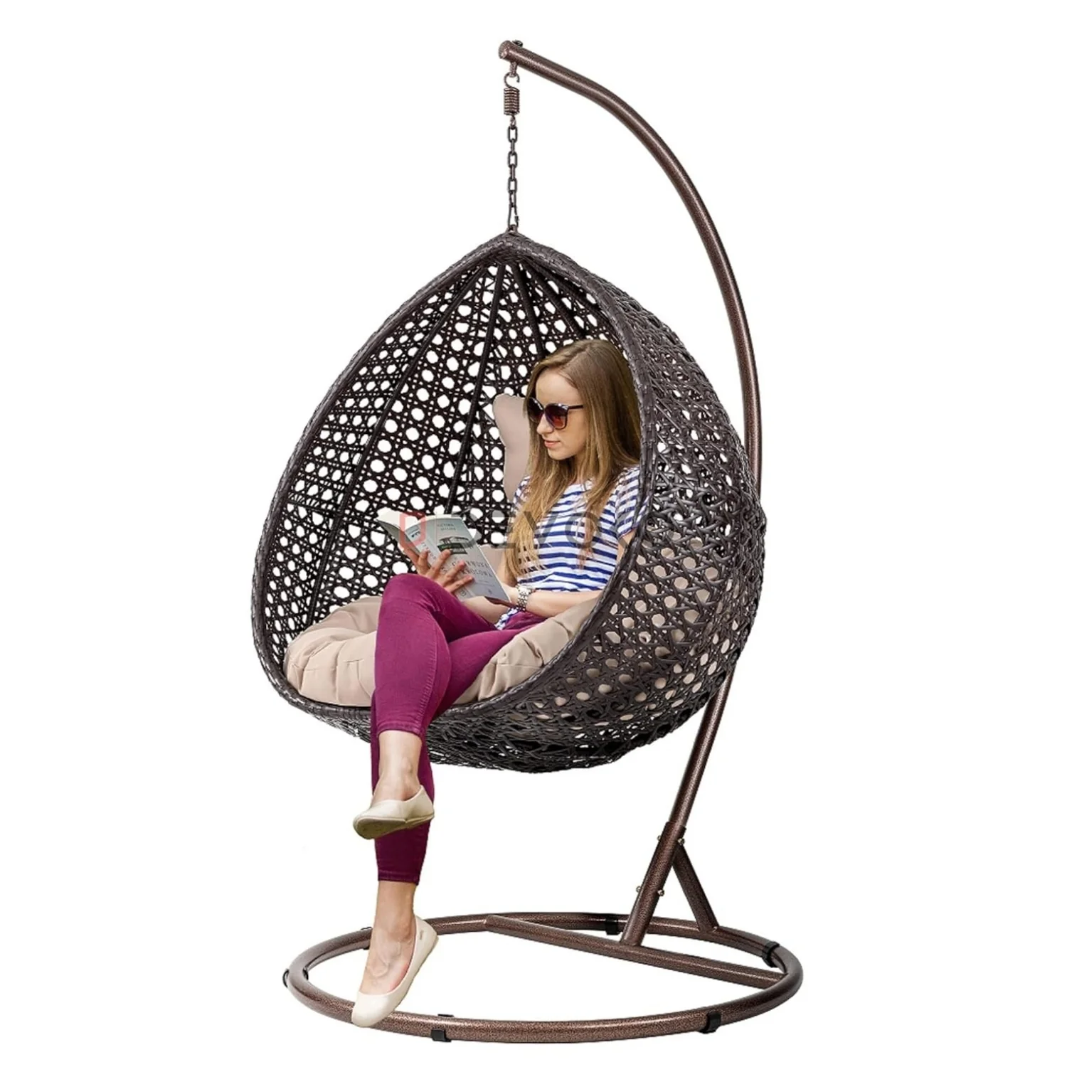 Single Seater Rattan & Wicker Swing (Dark Brown and Cream) - Image 9