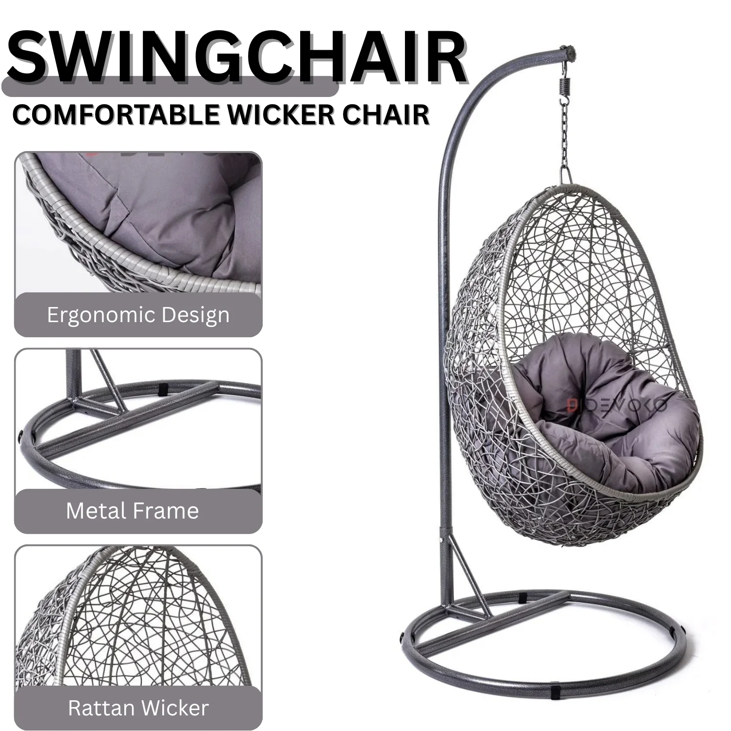 Single Seater Rattan & Wicker Swing (Grey) - Image 4