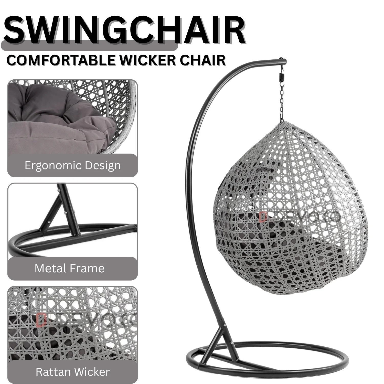 Single Seater Rattan & Wicker Swing (Grey) - Image 5