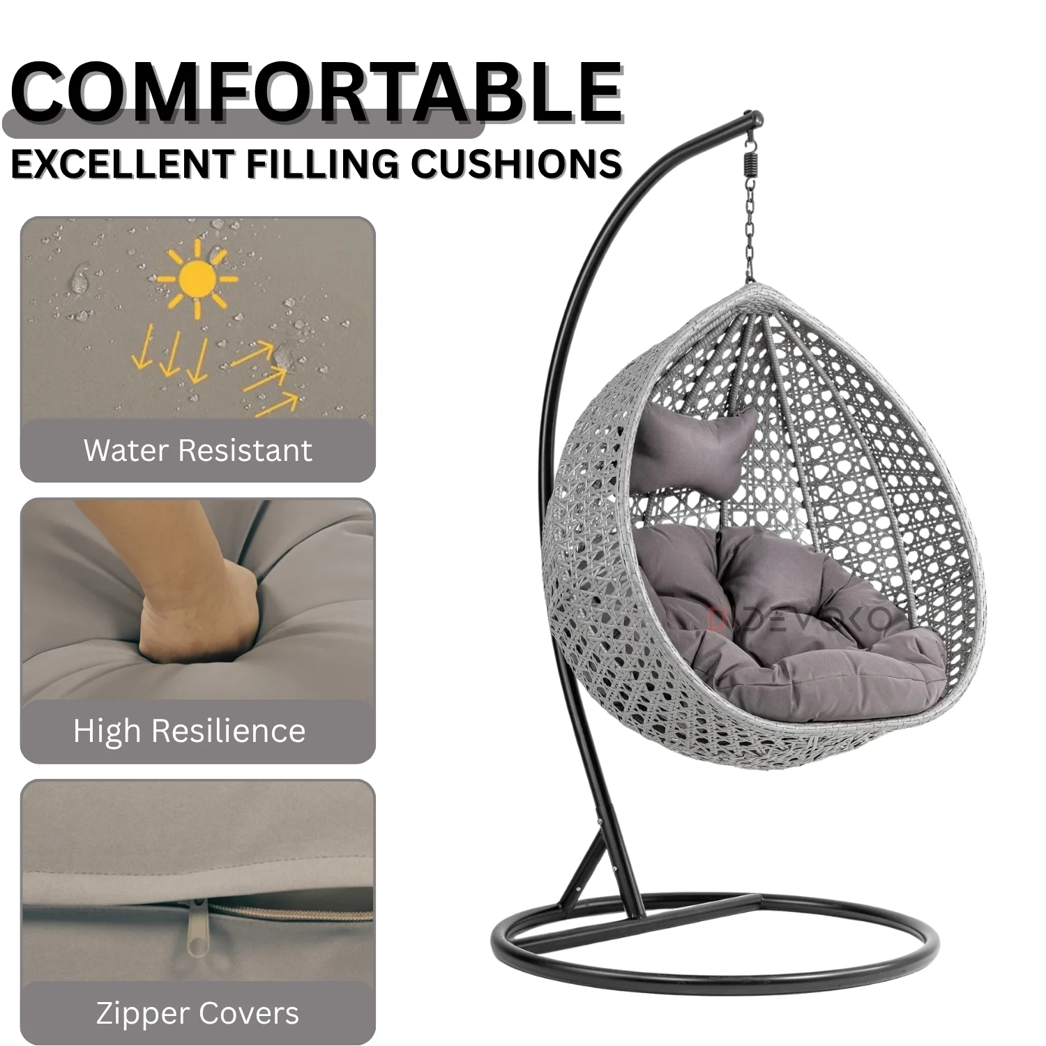 Single Seater Rattan & Wicker Swing (Grey) - Image 6