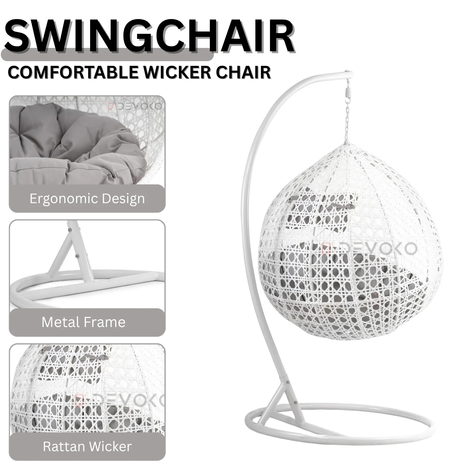 Single Seater Rattan & Wicker Swing (White & Grey) - Image 5