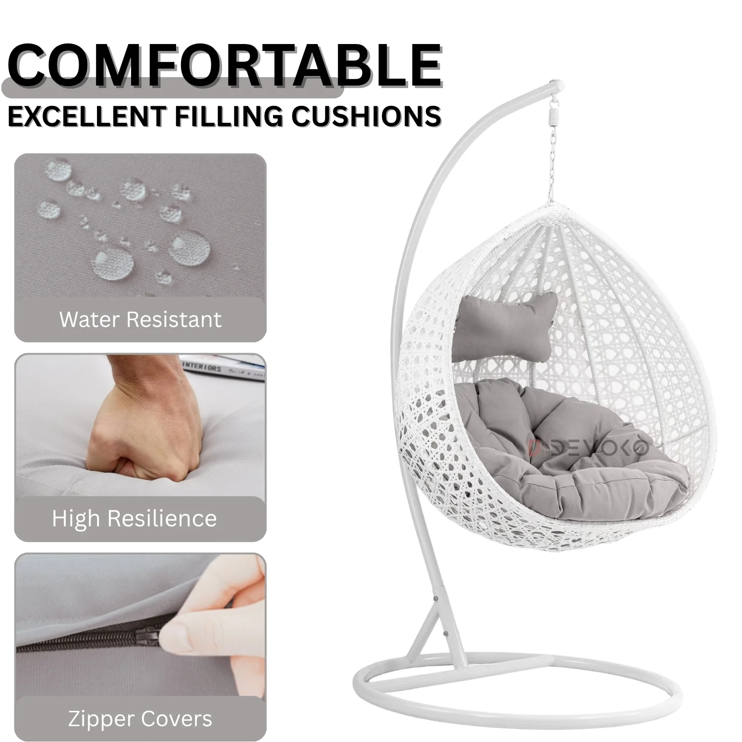 Single Seater Rattan & Wicker Swing (White & Grey) - Image 6