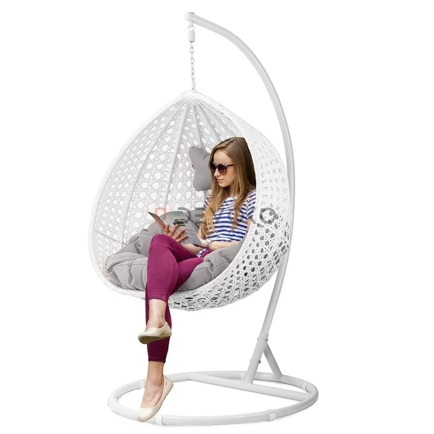 Single Seater Rattan & Wicker Swing (White & Grey) - Image 9