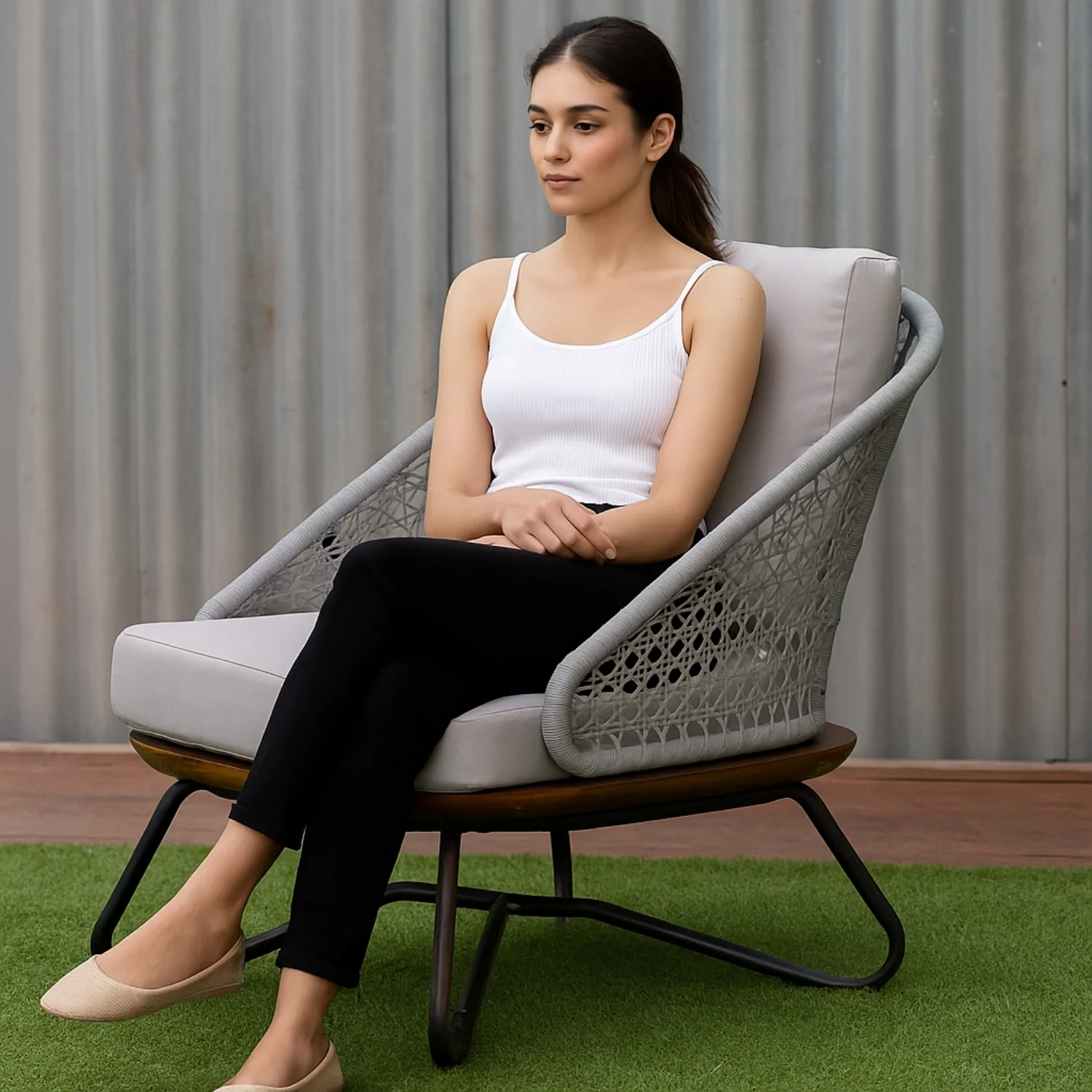 Outdoor Grey Rope 4-Piece Sofa Set With Wooden Top Table - Image 11