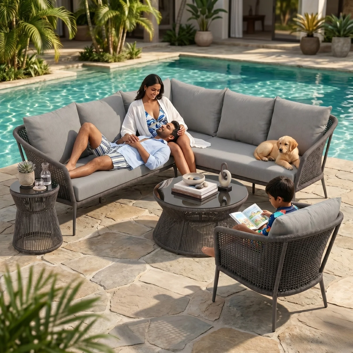 Outdoor Rope L-Shape Sofa Set with Center & Side Table (Grey) - Image 12