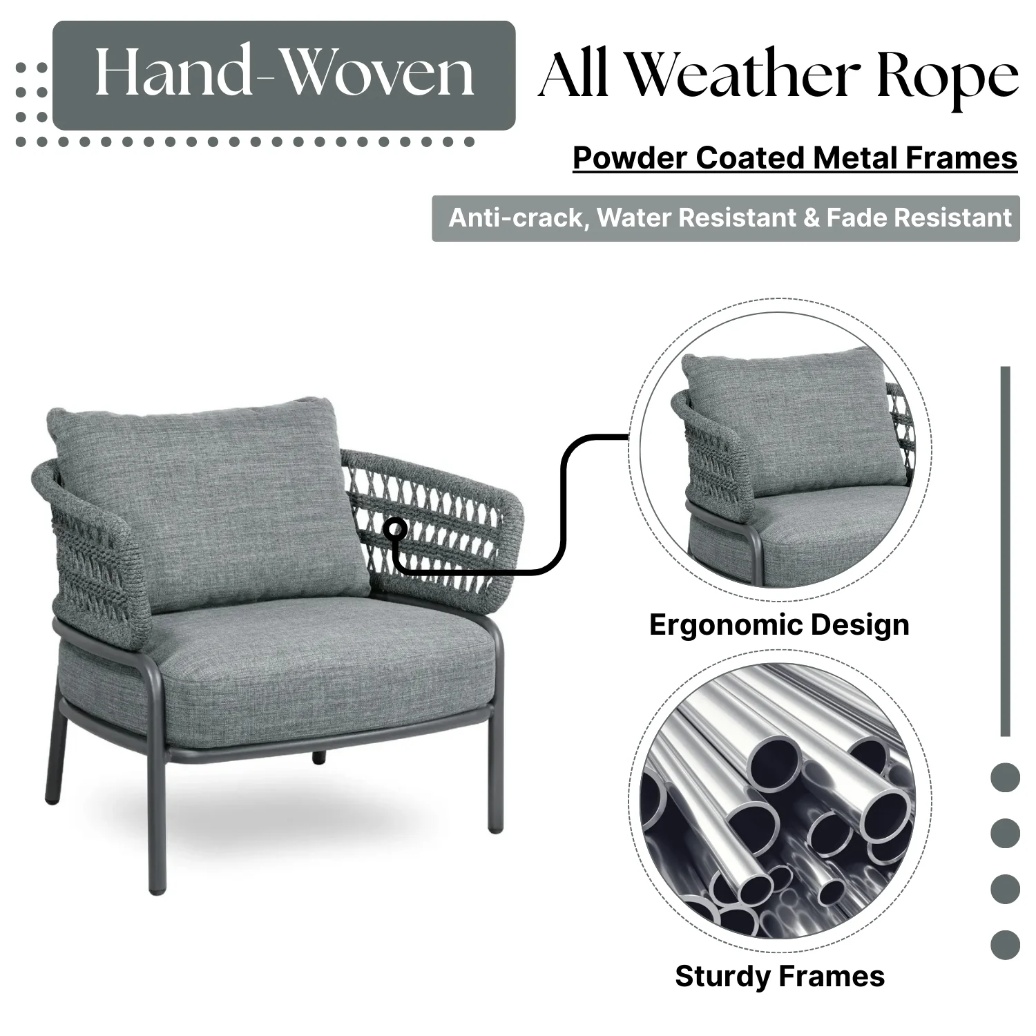 Outdoor Rope 4-Piece Patio Sofa Set with Glass Top Table (Grey) - Image 5