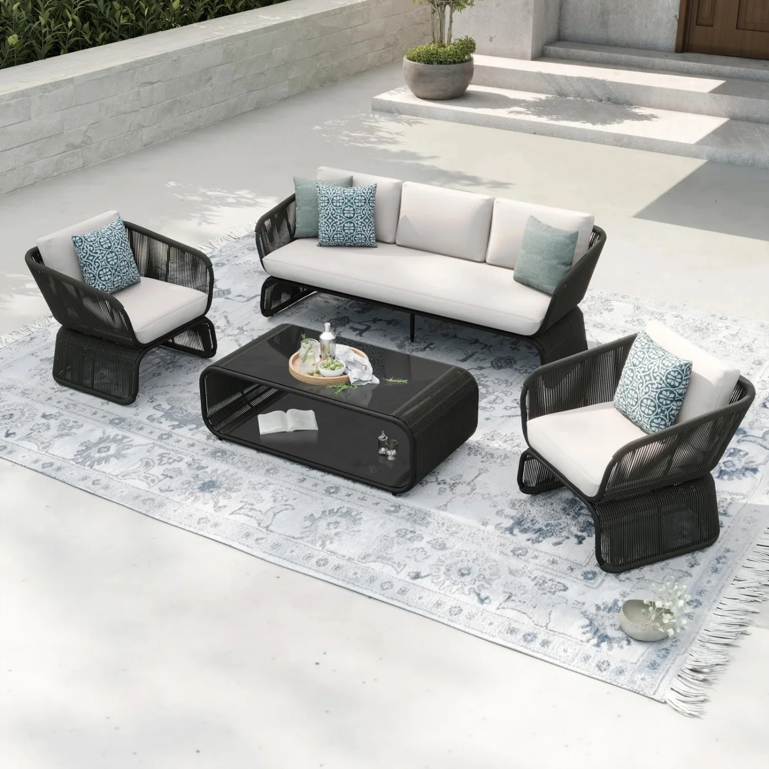 Outdoor Braided Rope Sofa Set With 2-Tier Glass Top Table - Image 13
