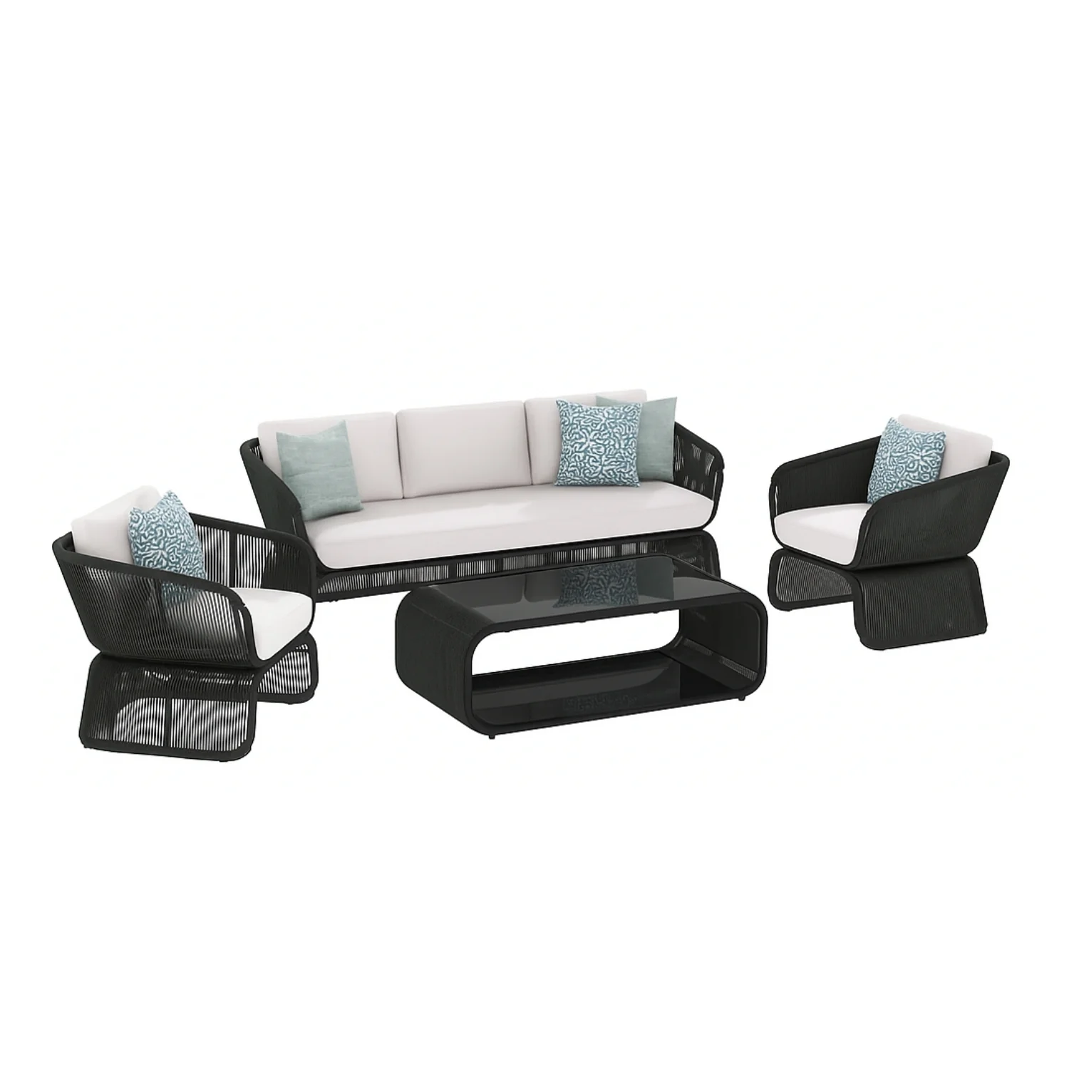 Outdoor Braided Rope Sofa Set With 2-Tier Glass Top Table - Image 5