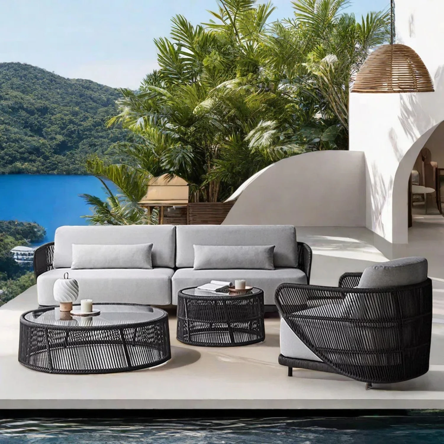 Outdoor Rope 4 Seater Sofa Set With Glass Top Tables - Image 15