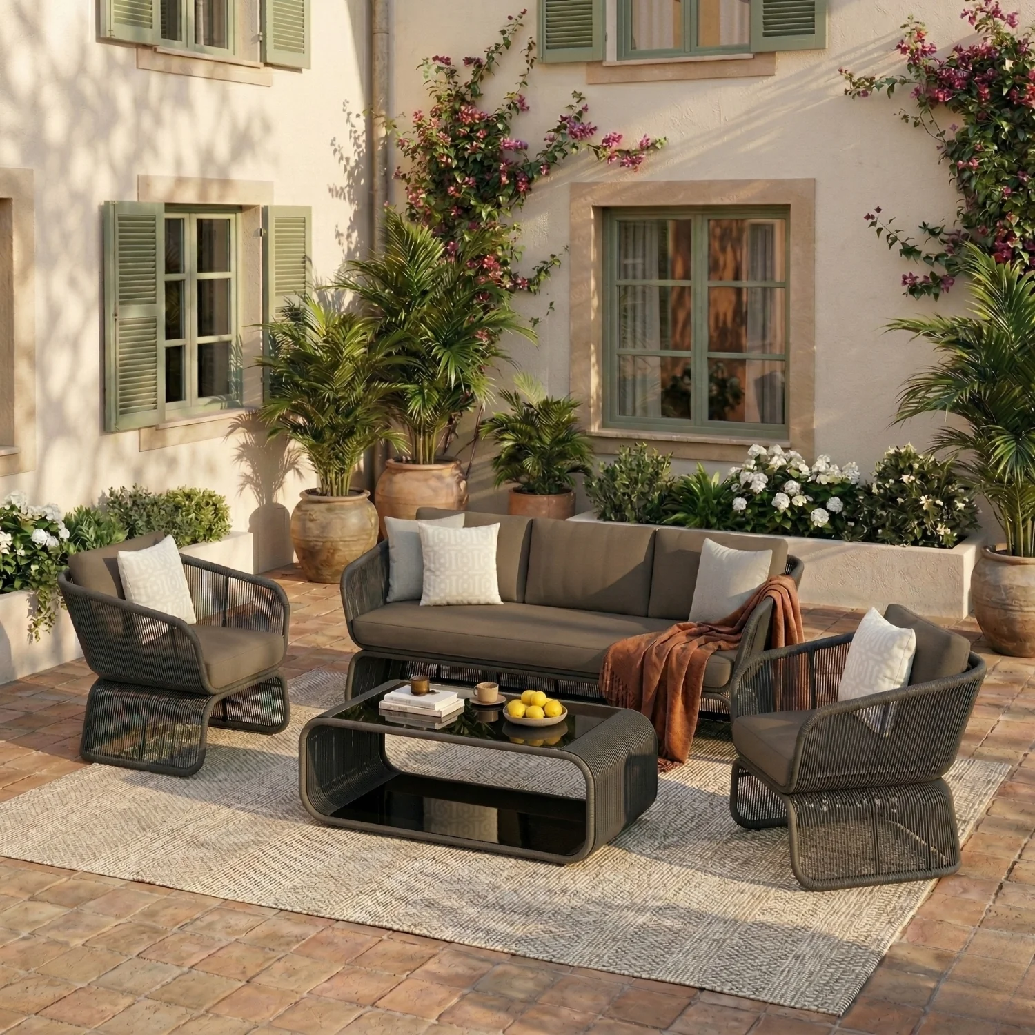 Outdoor Braided Rope Sofa Set With 2-Tier Glass Top Table