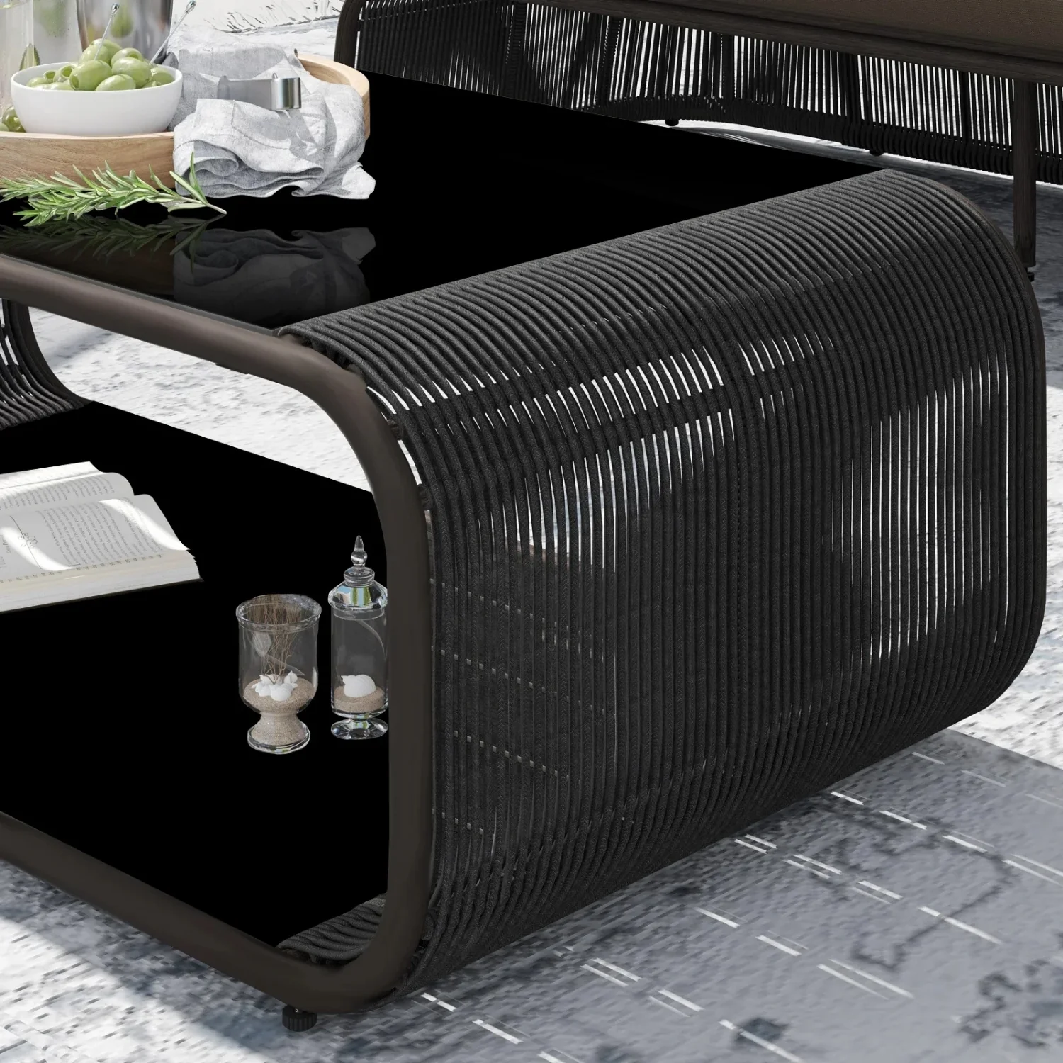 Outdoor Braided Rope Sofa Set With 2-Tier Glass Top Table - Image 10
