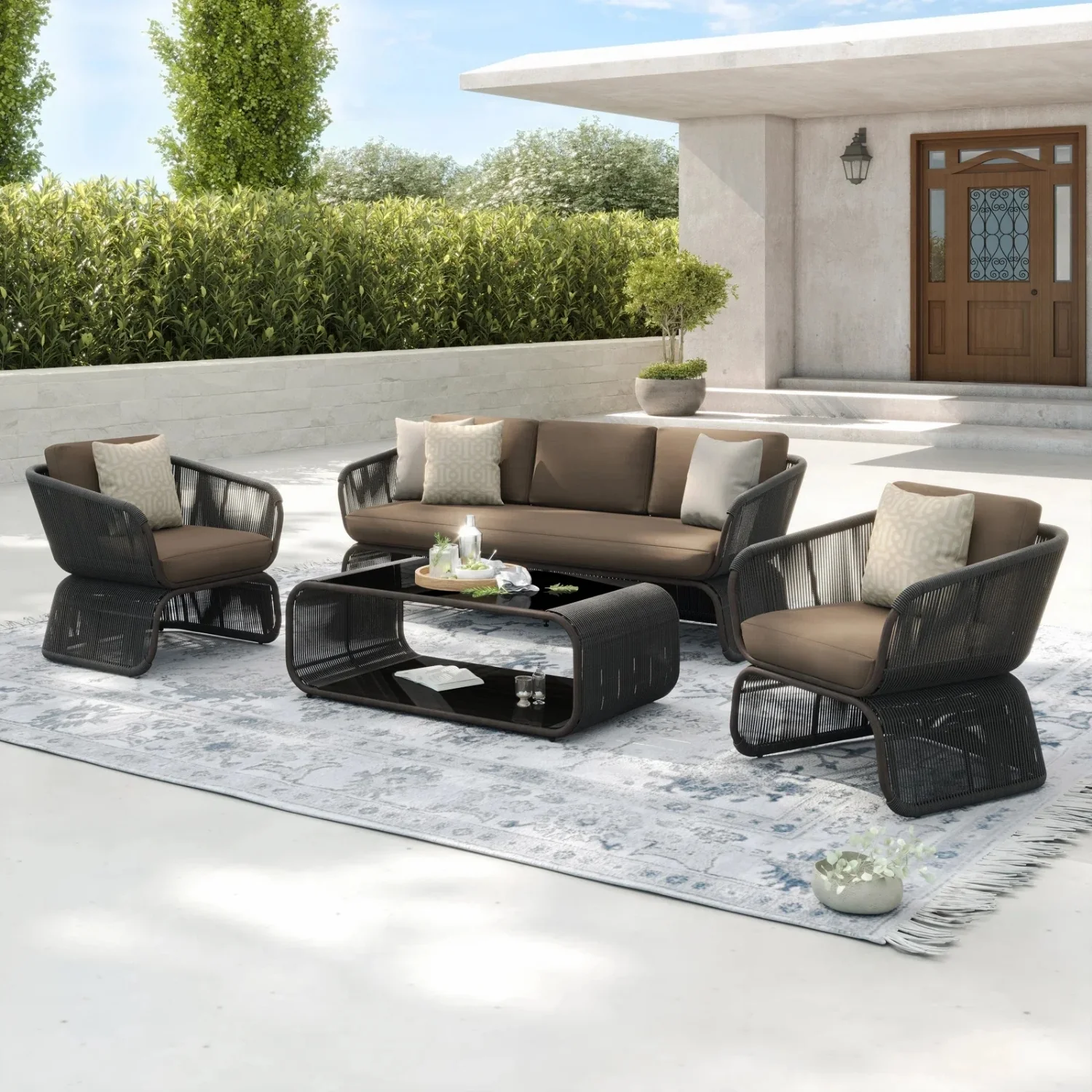 Outdoor Braided Rope Sofa Set With 2-Tier Glass Top Table - Image 12