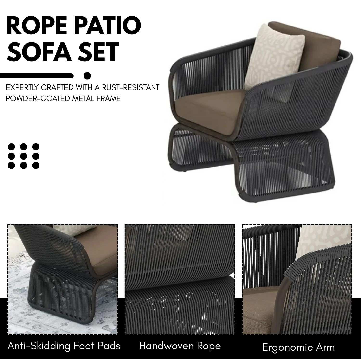 Outdoor Braided Rope Sofa Set With 2-Tier Glass Top Table - Image 6