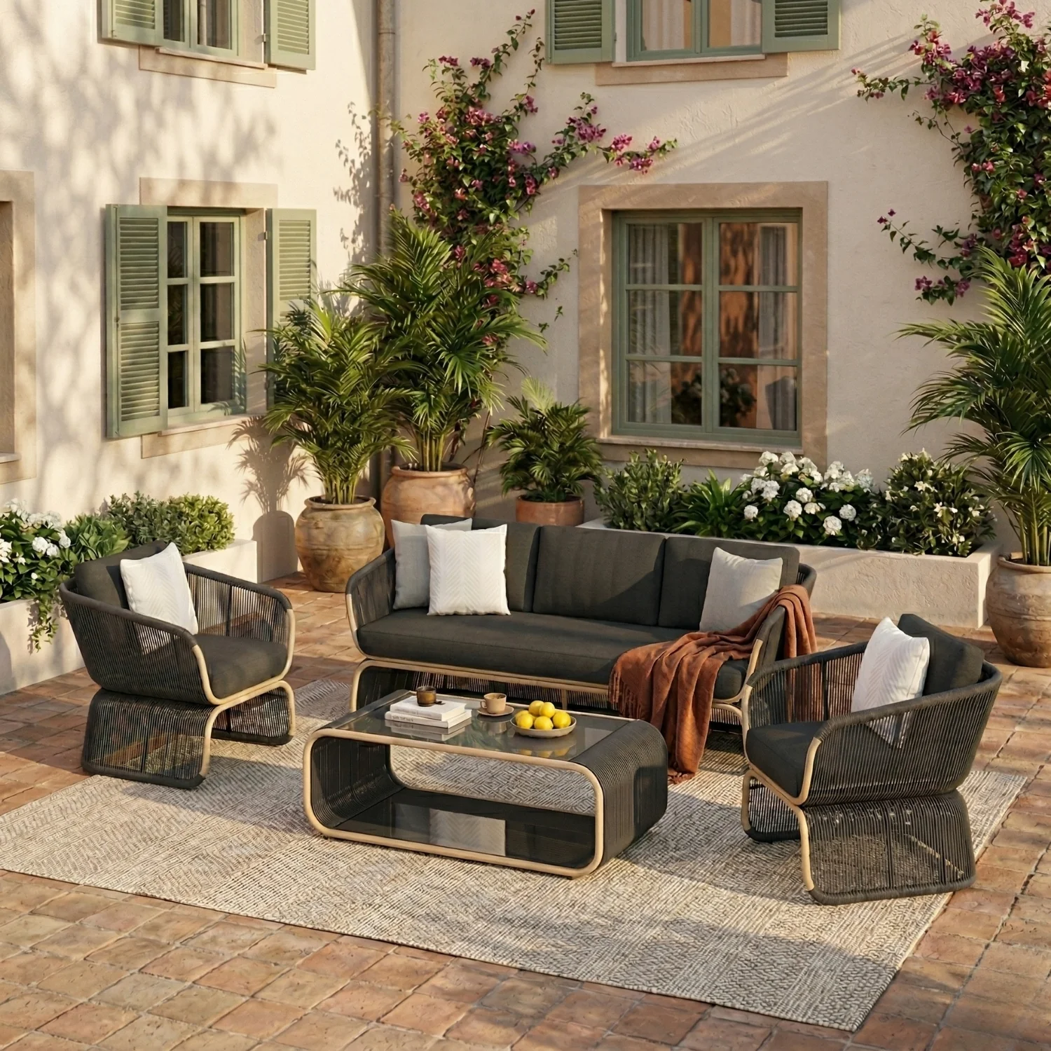Outdoor Braided Rope Sofa Set With 2-Tier Glass Top Table