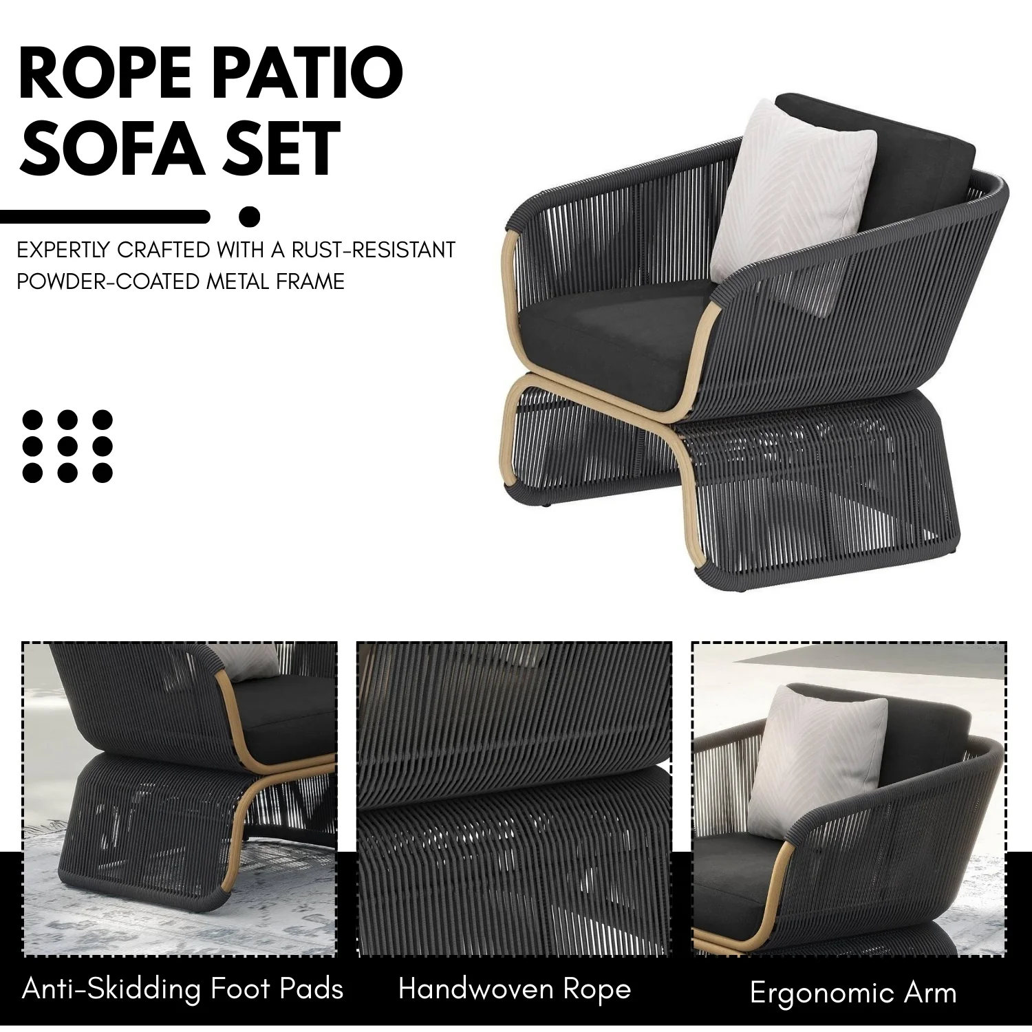 Outdoor Braided Rope Sofa Set With 2-Tier Glass Top Table - Image 6