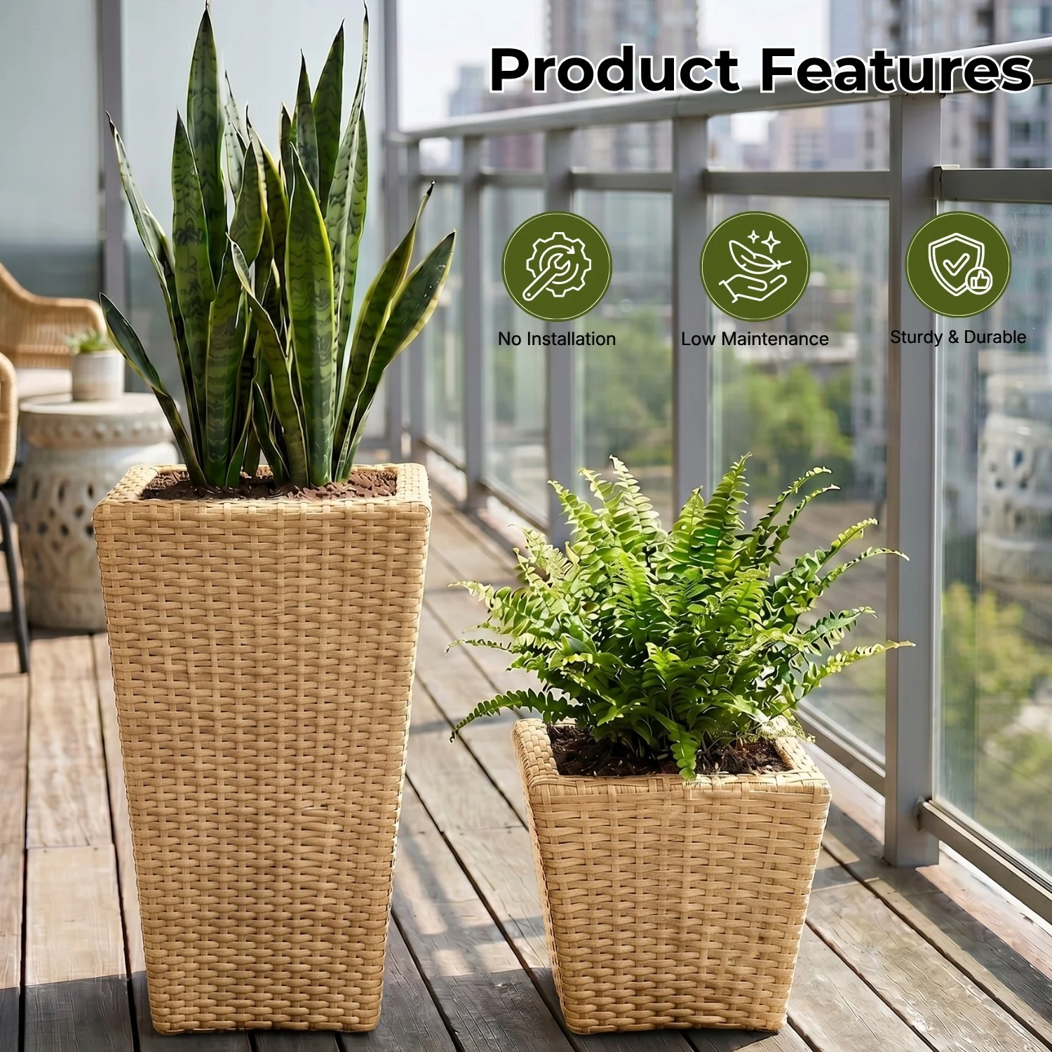 Tall Tapered Set of 6  Outdoor Wicker Planter (Beige) - Image 4