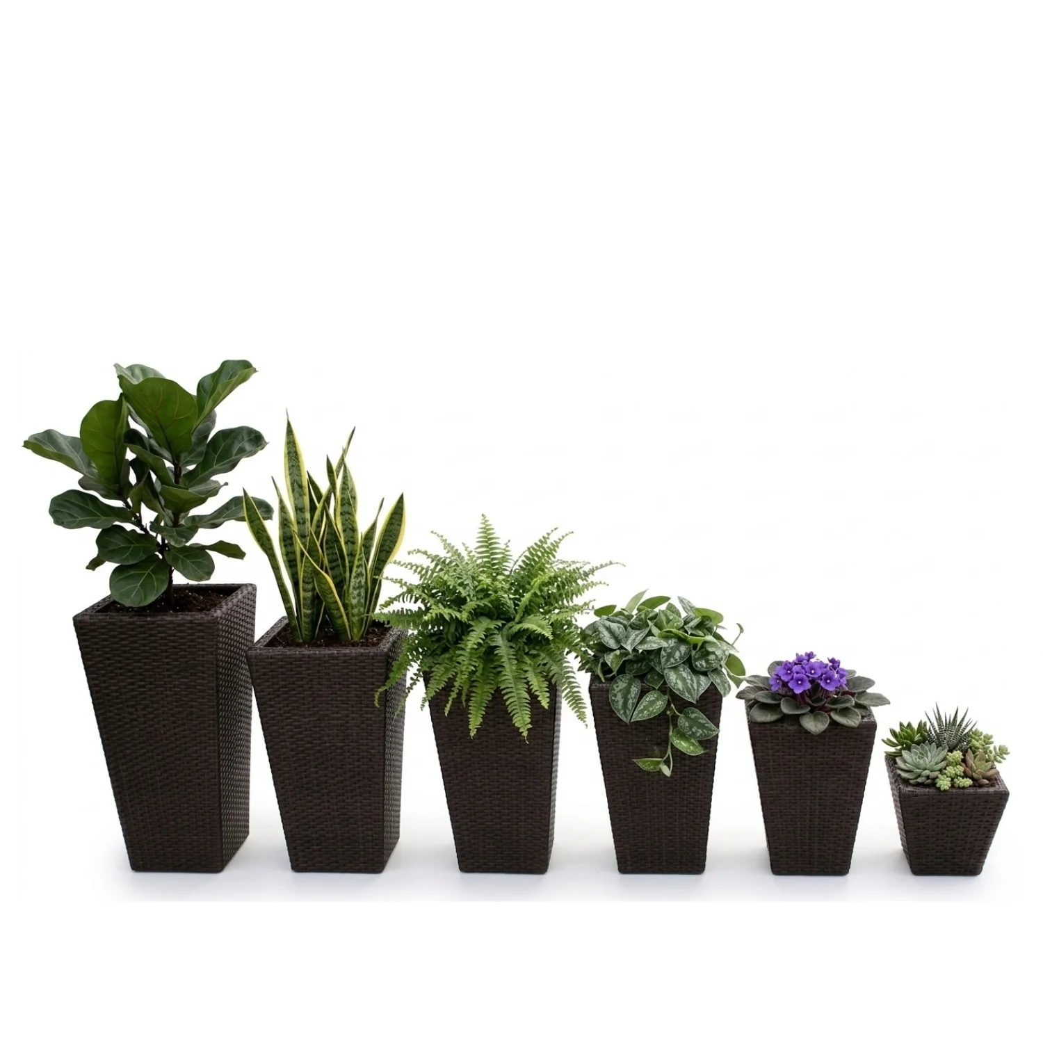 Tall Tapered Set of 6 Outdoor Wicker Planter (Dark Brown) - Image 6
