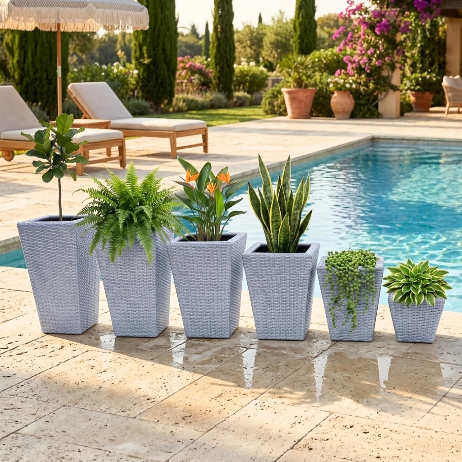 Tall Tapered Set of 6  Outdoor Wicker Planter (Silver Grey)
