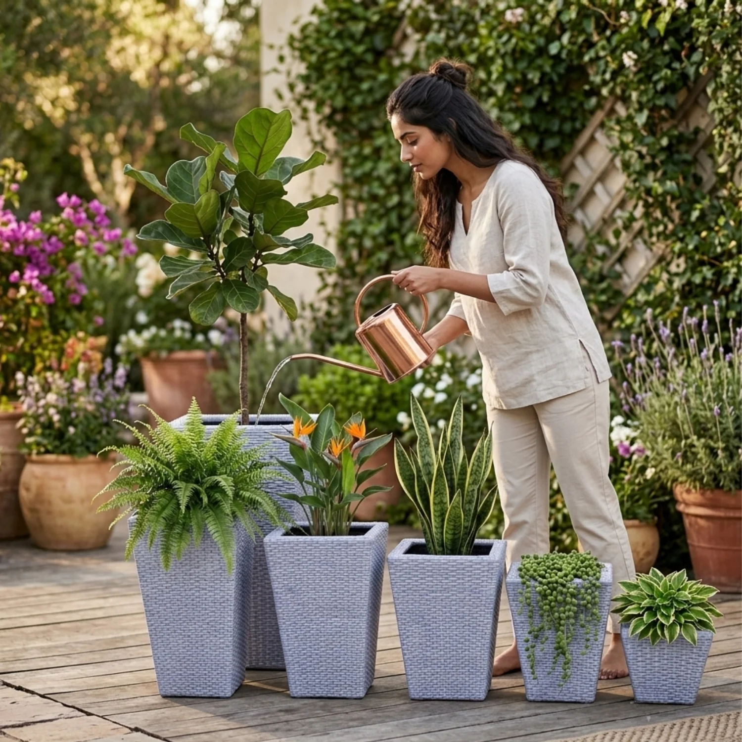 Tall Tapered Set of 6  Outdoor Wicker Planter (Silver Grey) - Image 5
