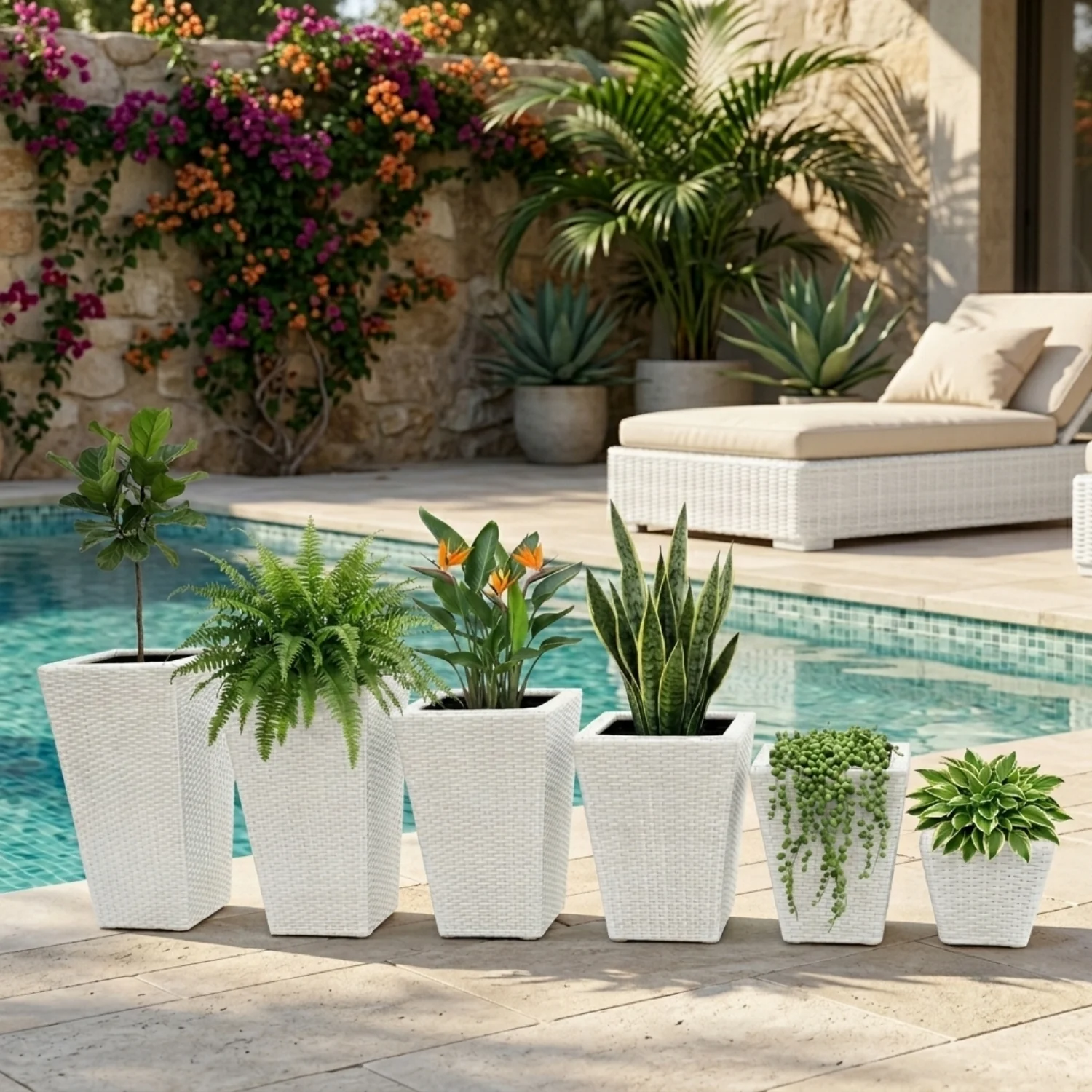 Tall Tapered Set of 6 Outdoor Wicker Planter (White)