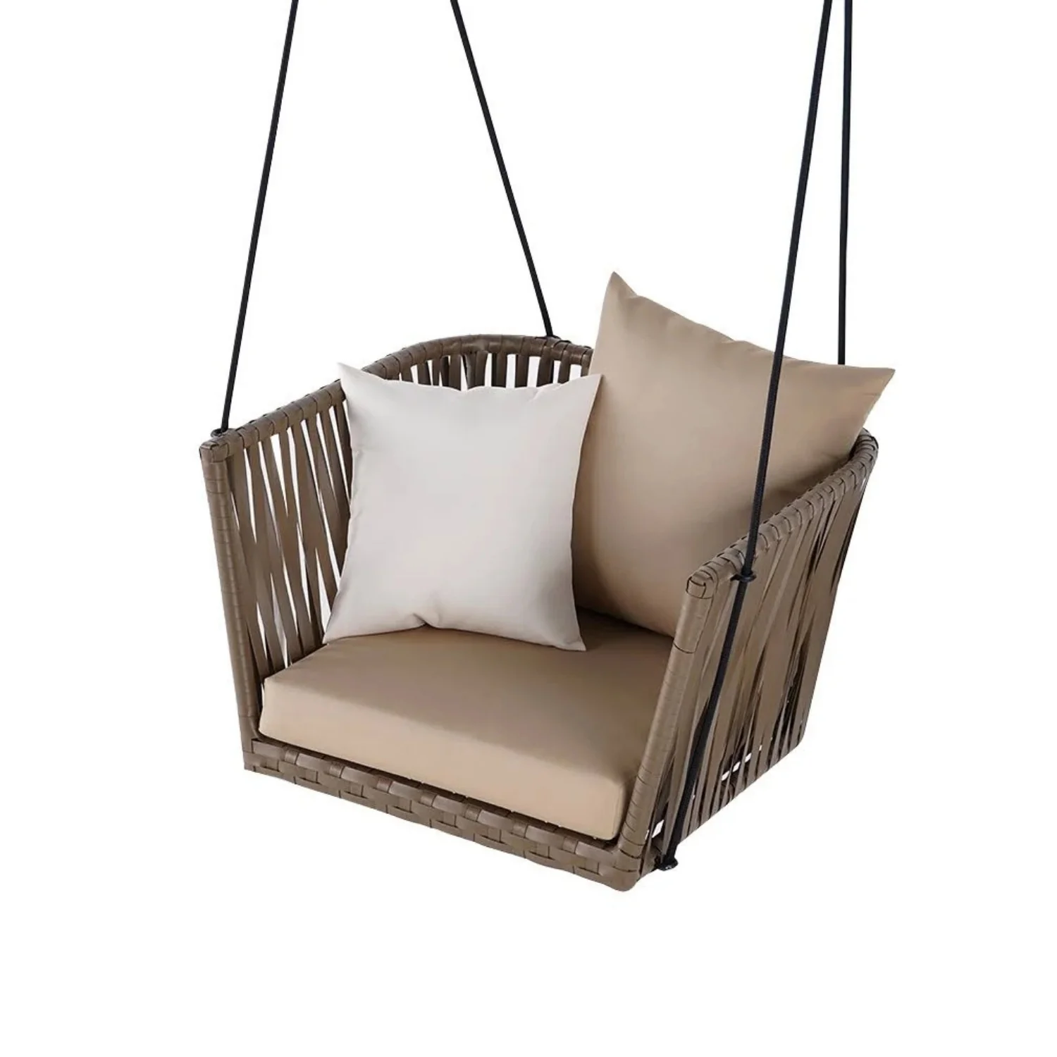 Traditional Porch Outdoor Rattan Garden Swing Chair with Beige Cushion - Image 10