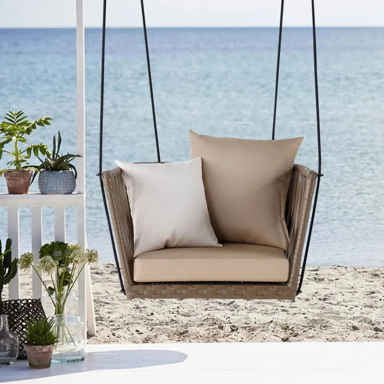 Traditional Porch Outdoor Rattan Garden Swing Chair with Beige Cushion - Image 11