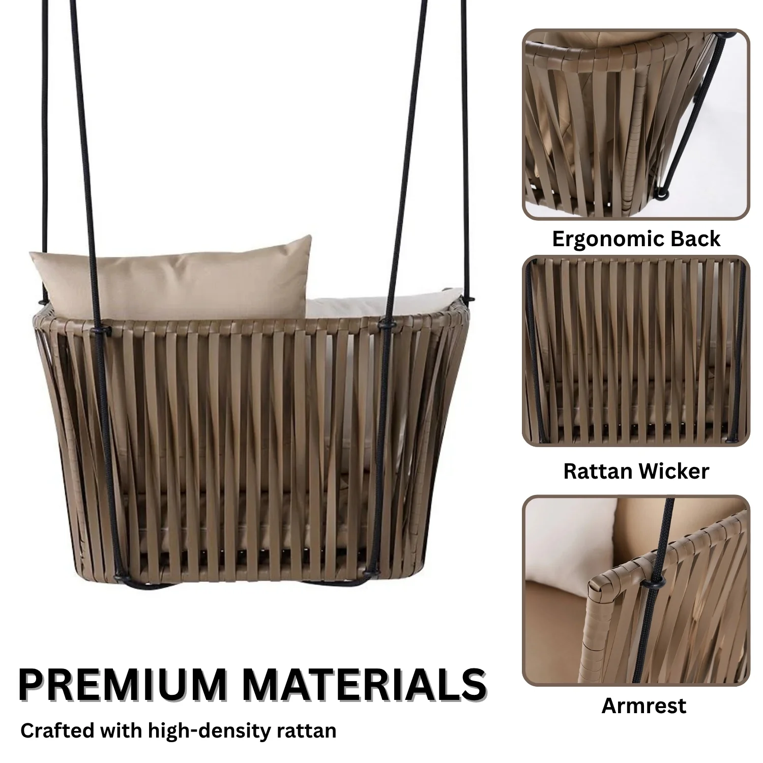 Traditional Porch Outdoor Rattan Garden Swing Chair with Beige Cushion - Image 5
