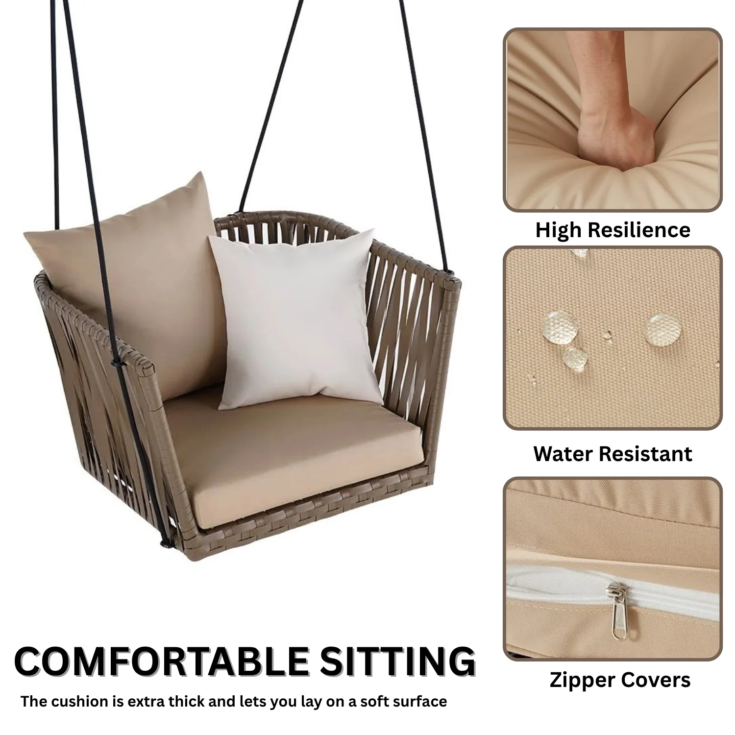 Traditional Porch Outdoor Rattan Garden Swing Chair with Beige Cushion - Image 6