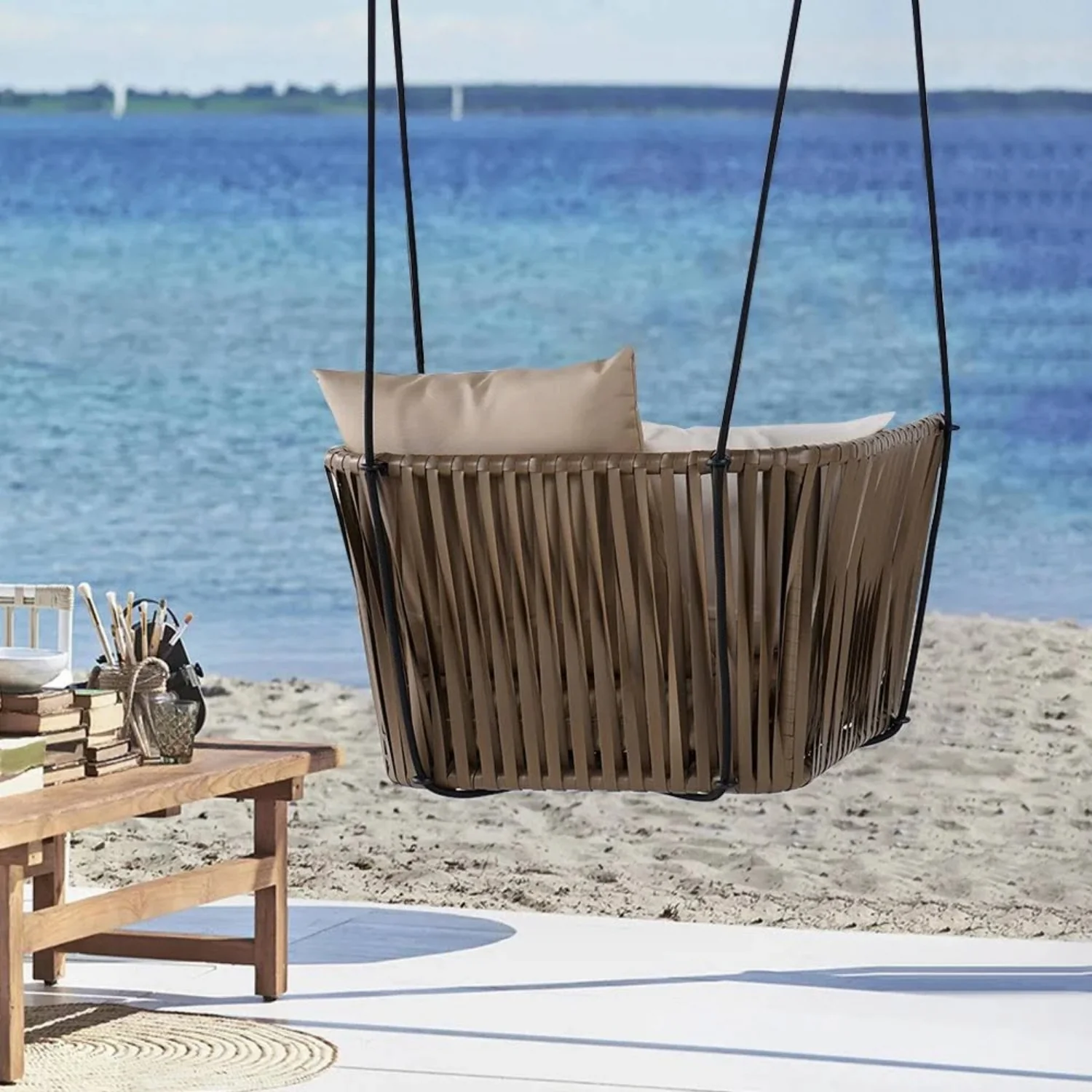 Traditional Porch Outdoor Rattan Garden Swing Chair with Beige Cushion - Image 8